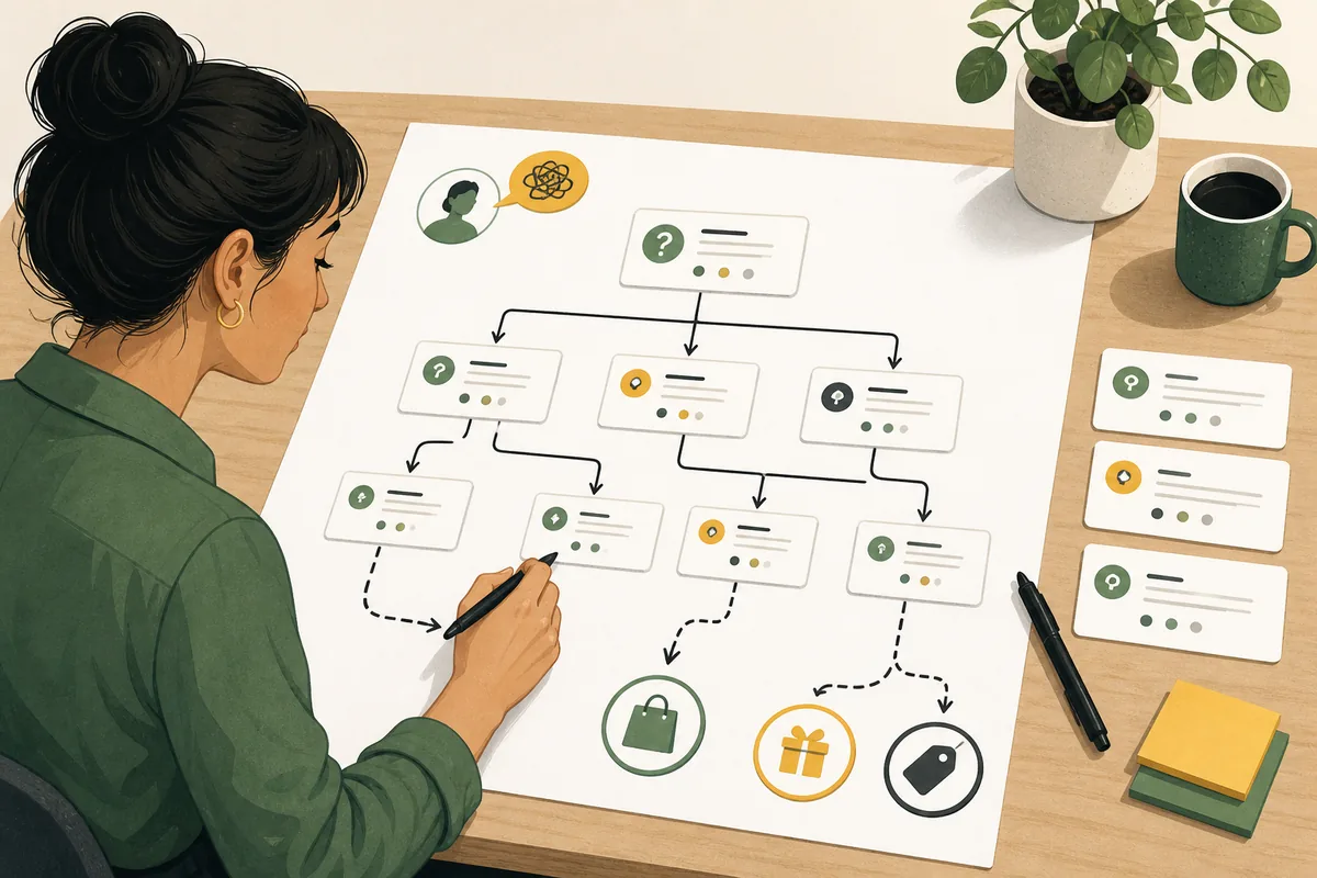 Selbstständige plant einen Affiliate-Quiz-Funnel mit Fragen, Antwortwegen und passenden Empfehlungen