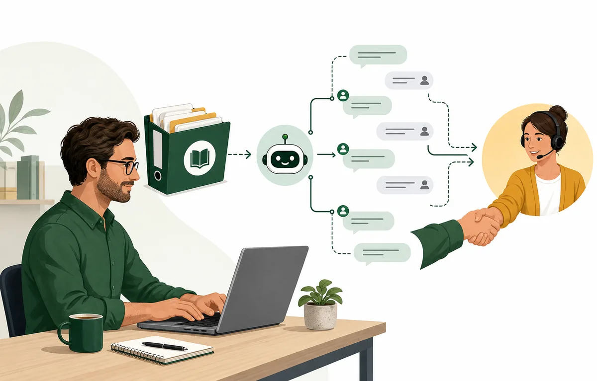 Selbstständiger plant einen Chatbot mit Wissensbasis, Dialogwegen und Übergabe an den Kundenservice