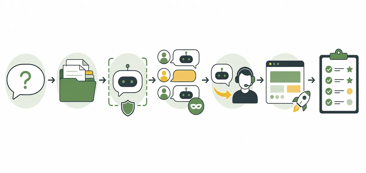 Sieben Stationen von Kundenfrage und FAQ-Wissensbasis über Dialogtest und menschliche Übergabe bis zur Pilotauswertung