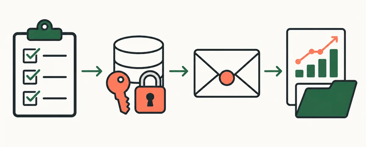 Vier Schritte für die Übergabe von E-Mail-Marketing: Aufgaben erfassen, Datenzugriff begrenzen, Testkampagne prüfen und Ergebnisse dokumentieren
