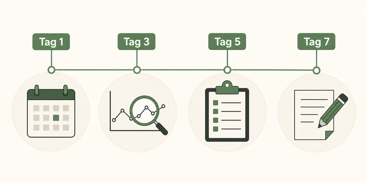 Sieben-Tage-Test für KI-Aktienanalyse mit den Stationen Frage, Daten, Prüfung und Entscheidung