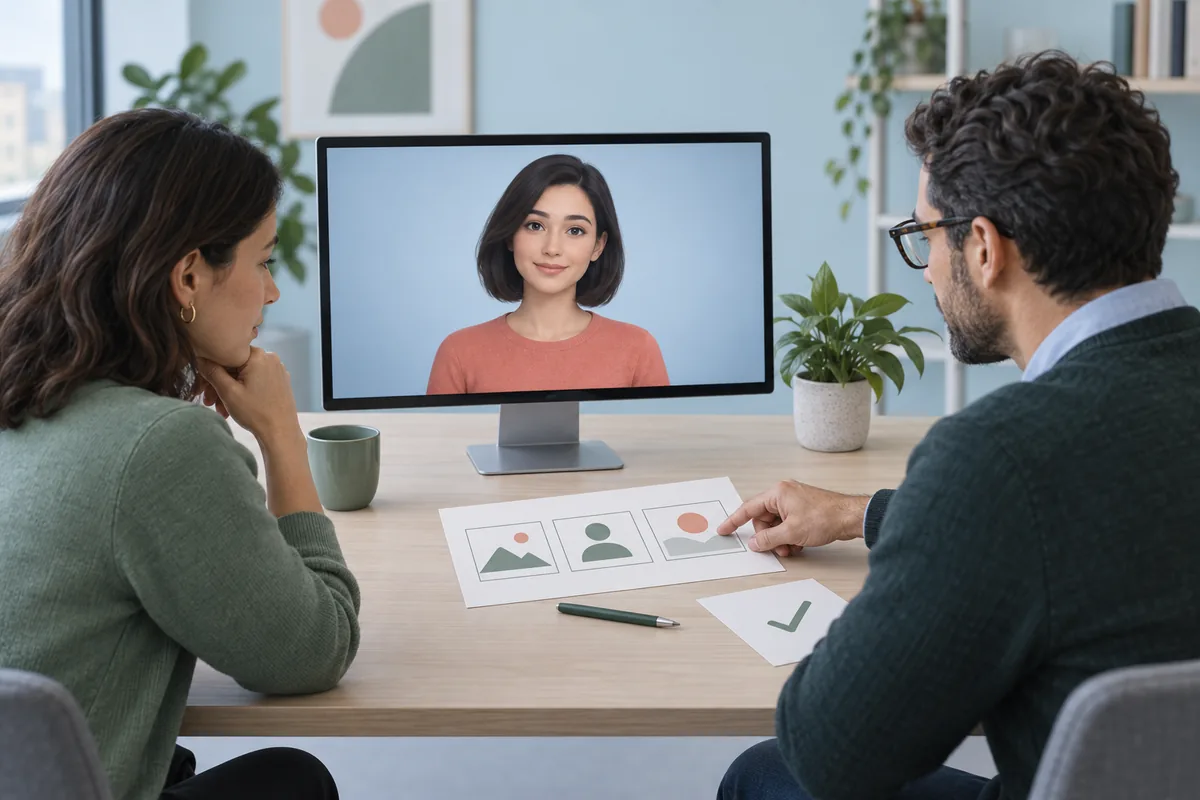 Zwei Kollegen prüfen gemeinsam ein Trainingsvideo mit KI-Avatar und vergleichen es mit einem Storyboard