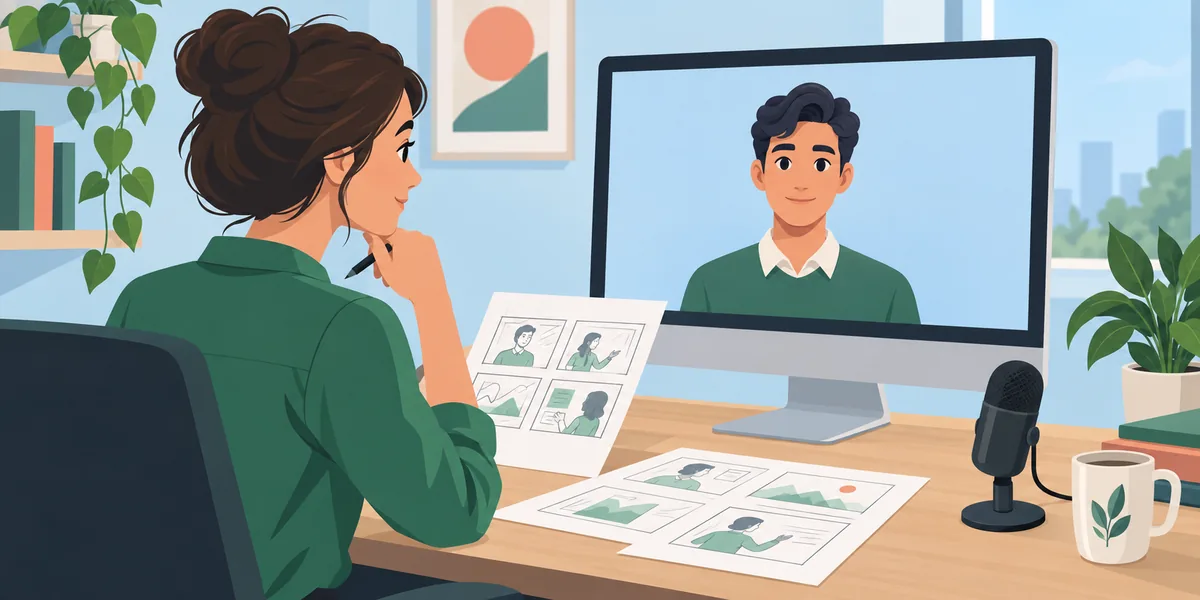 Eine Trainerin prüft ein Storyboard neben einem digitalen Avatar für ein internes Schulungsvideo