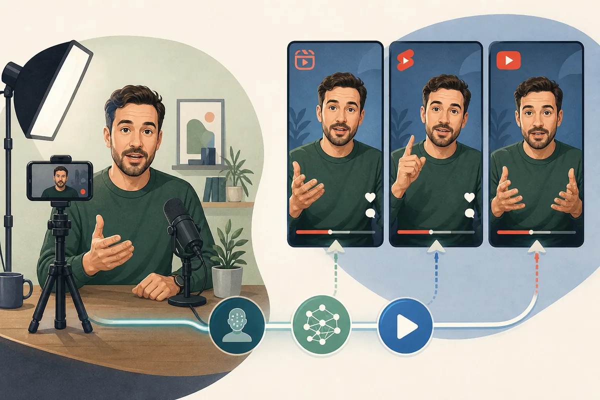 Creator nimmt ein Referenzvideo auf und prüft daraus erzeugte KI-Klon-Videos für kurze Social-Media-Formate