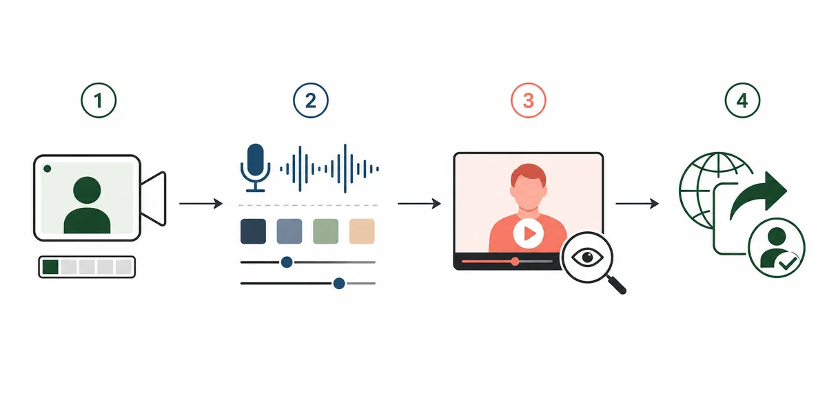 Vier visuelle Stationen von Referenzaufnahme über Stilprüfung und Videoentwurf bis zu Freigabe und Veröffentlichung