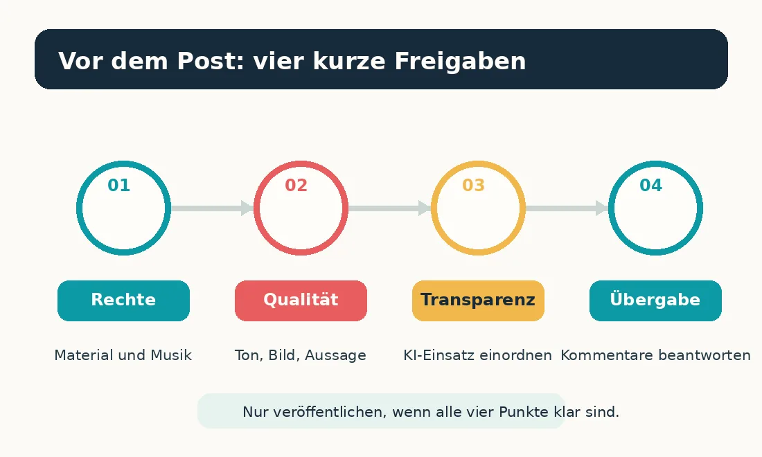 Vier redaktionelle Freigaben für ein TikTok-Video mit KI: Rechte, Qualität, Transparenz und Übergabe