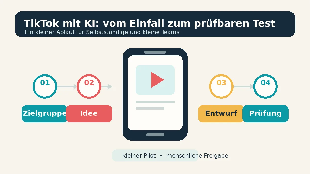 Editoriale Ablaufgrafik für einen TikTok-Content-Pilot mit KI von Zielgruppe bis Prüfung